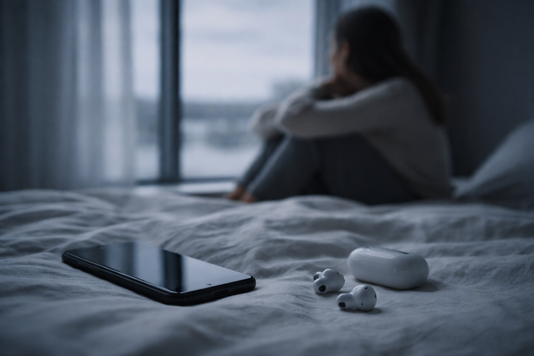 Phone placed face down on a bed while a woman sits by the window, symbolizing no contact and emotional distance after a breakup