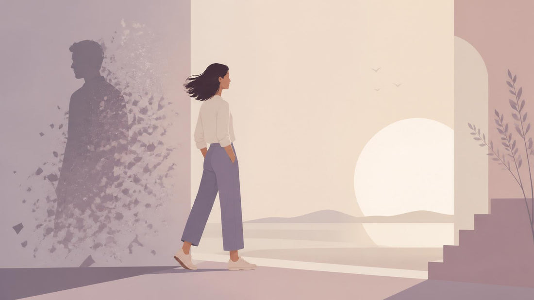 Flat illustration of a person walking toward light and open space while shadows of their ex fade behind them, symbolizing the realization of no longer waiting and moving forward after a breakup