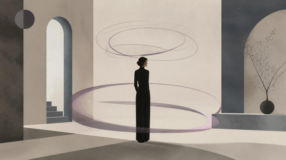 Editorial illustration of a lone figure surrounded by two abstract loops, symbolizing obsession and emotional addiction in relationships.