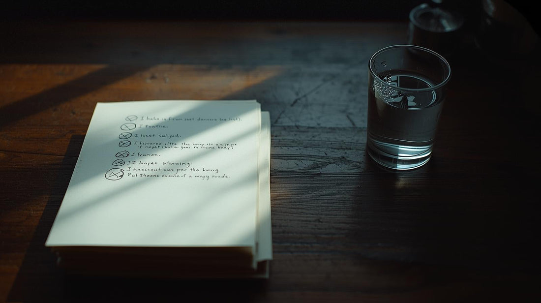 Desk with stacked handwritten notes beside a glass of water symbolizing anxious thinking versus relief-seeking behavior