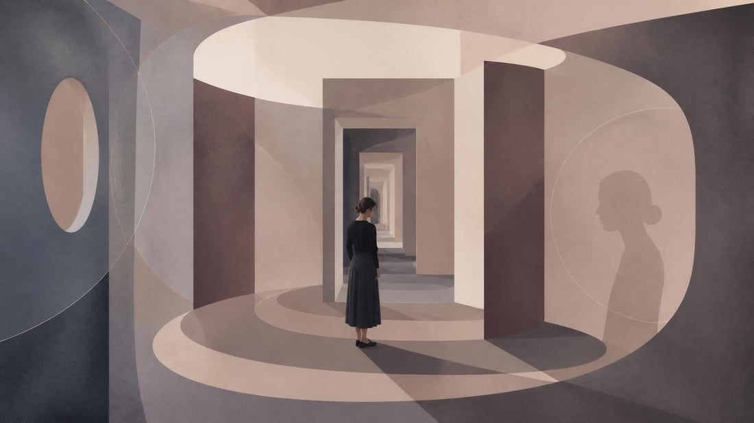 Editorial illustration of a lone figure inside a narrowing looping room, symbolizing obsessive relationship patterns.