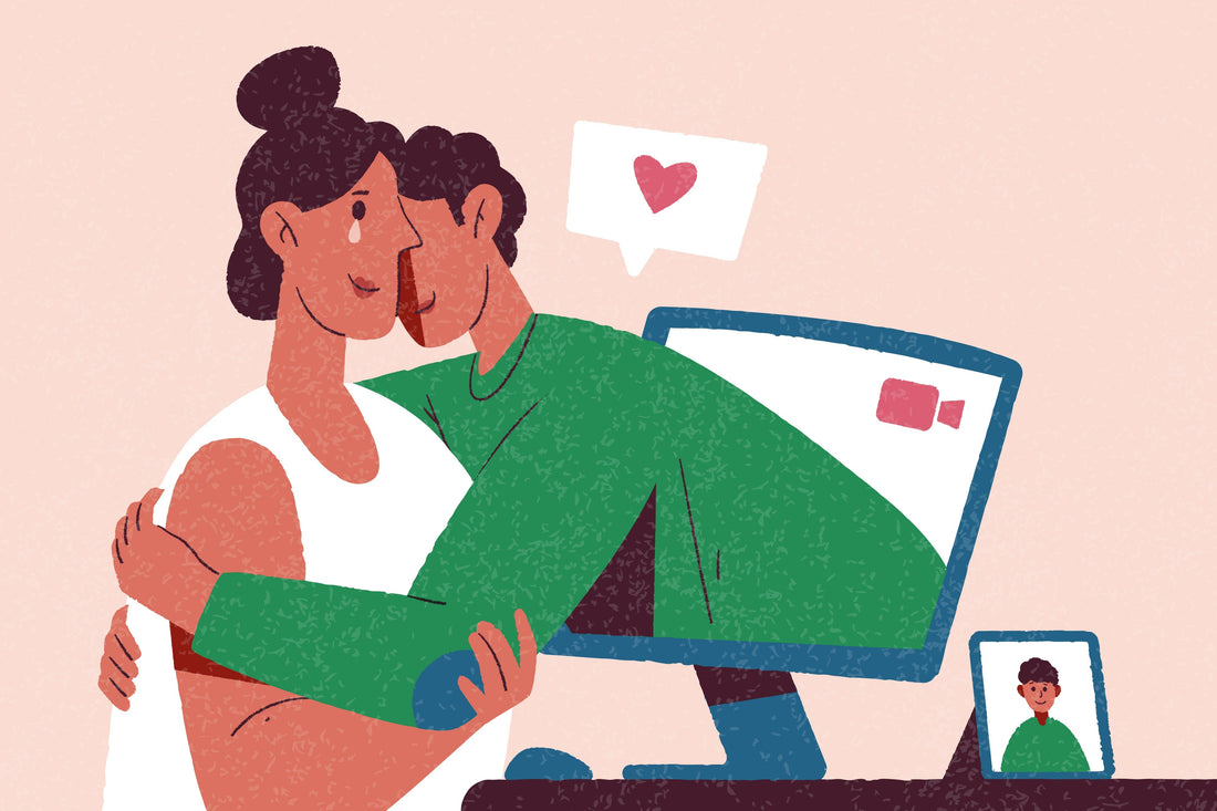 Illustration of one partner reaching through a video call to comfort the other, representing unequal emotional effort in a one-sided long-distance relationship.