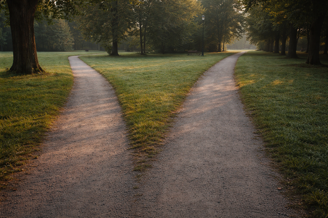 Two walking paths running side by side without intersecting in soft morning light, symbolizing avoidant attachment and emotional distance within connection