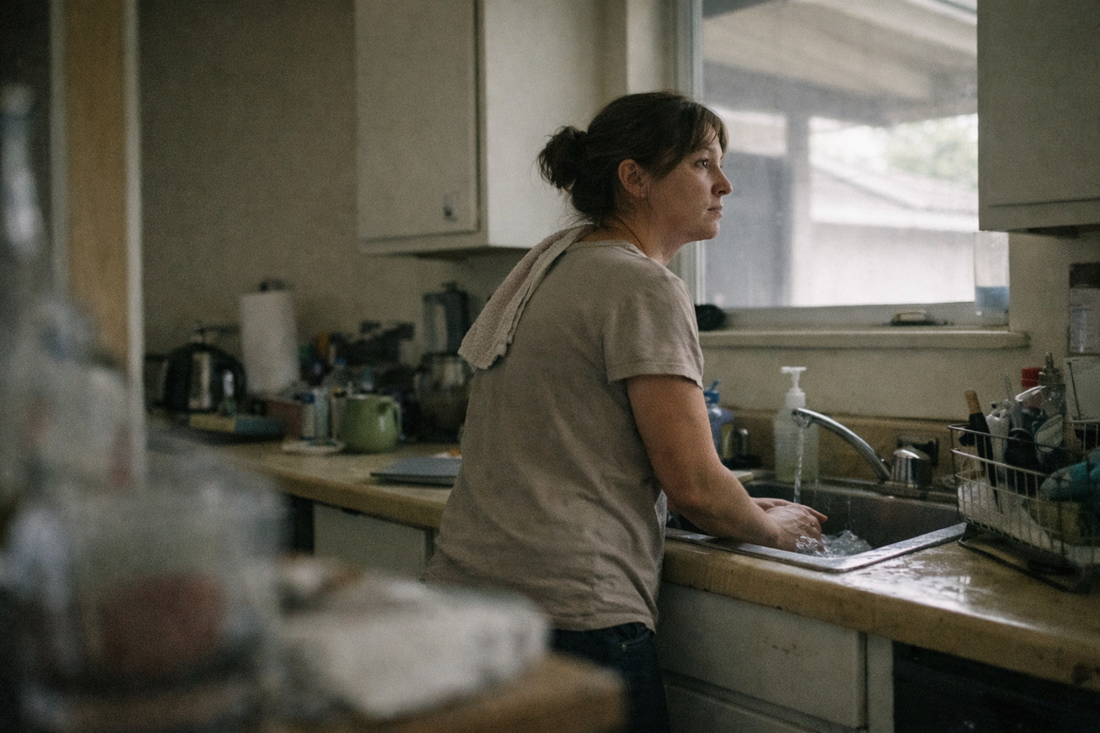 person pausing at the sink while lost in an unexpected memory