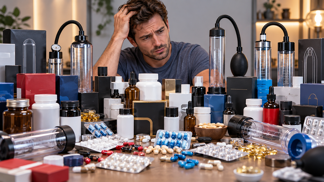 **SEO alt text:**   `Overwhelmed man comparing penis pumps, supplements and male enhancement products while researching what actually works for penis enlargement`