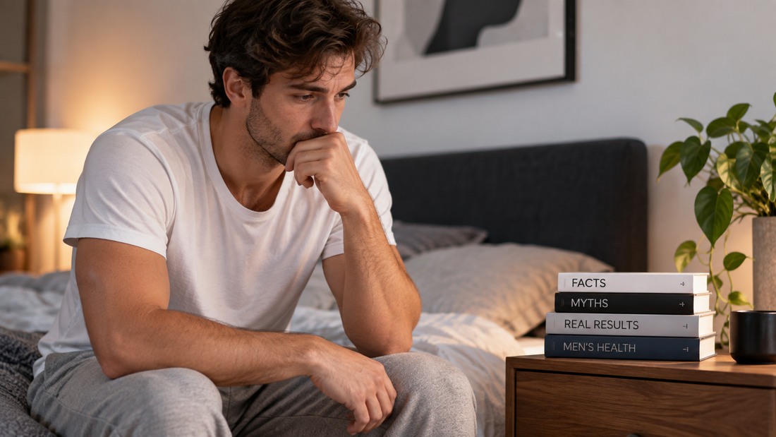 Man sitting thoughtfully on the edge of a bed beside books about facts, myths, results and men’s health, representing penis enlargement claims and evidence-based guidance.