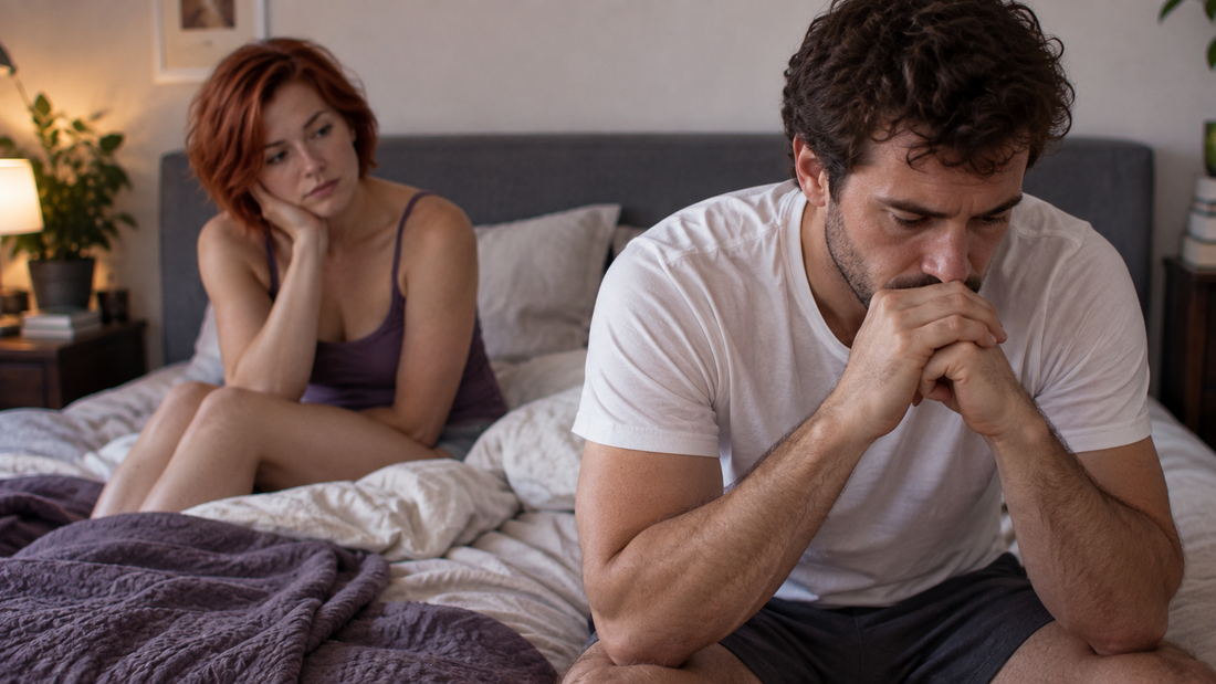Man sitting anxiously on the edge of a bed while his partner looks on, representing penis size anxiety and relationship insecurity.