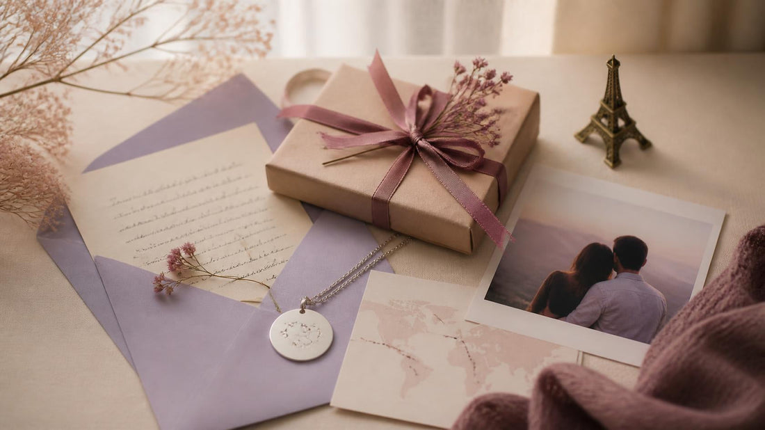 Personalized gifts for long-distance relationships with a handwritten letter, printed couple photo, engraved keepsake, and travel memento.