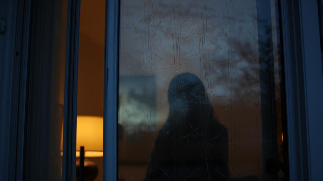 photograph of a woman in front of a closed window symbolizing missing her partner