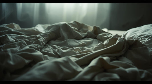Rumpled bedsheets in soft morning light symbolizing physical memory after a breakup