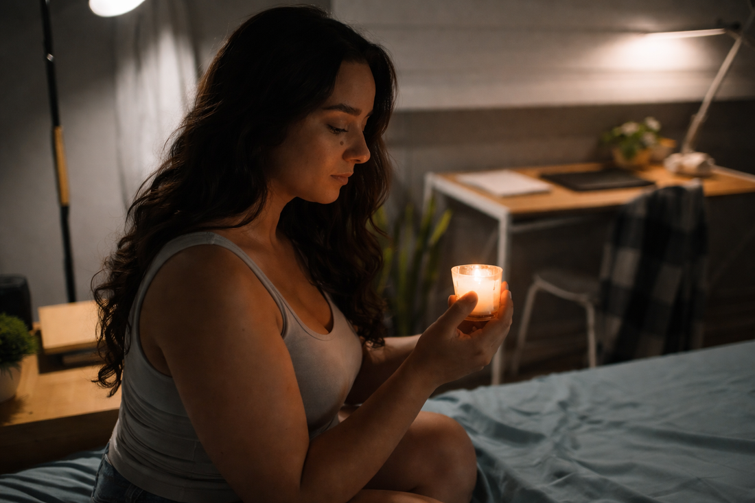 Woman sitting on the edge of a bed at night, holding a small candle in both hands and looking down in quiet reflection.