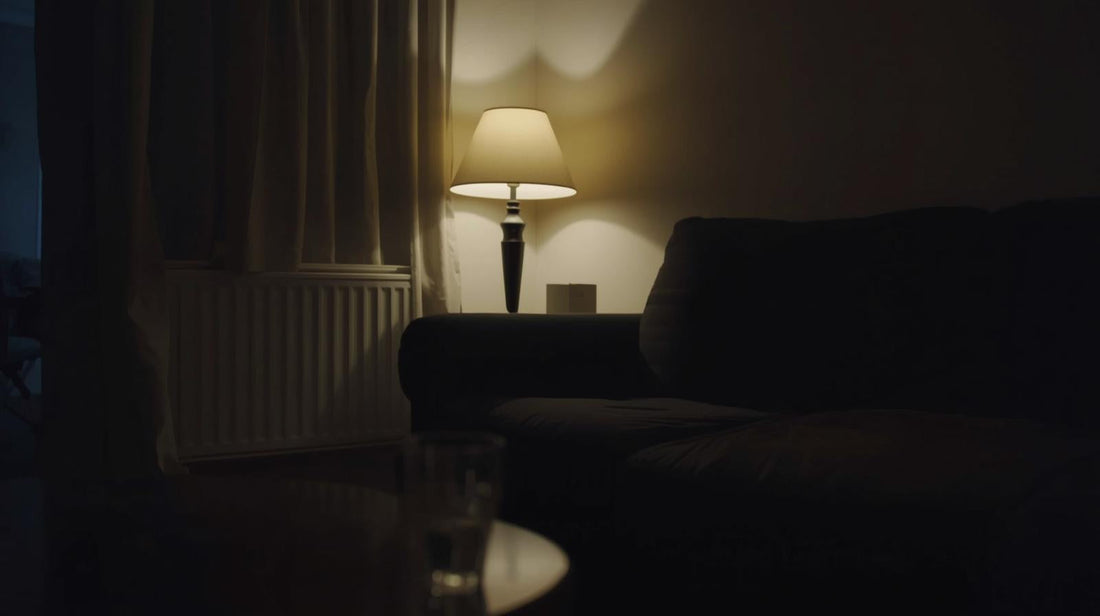 Dim living room at night with soft lamp light and empty couch, symbolizing the amplified silence after a breakup