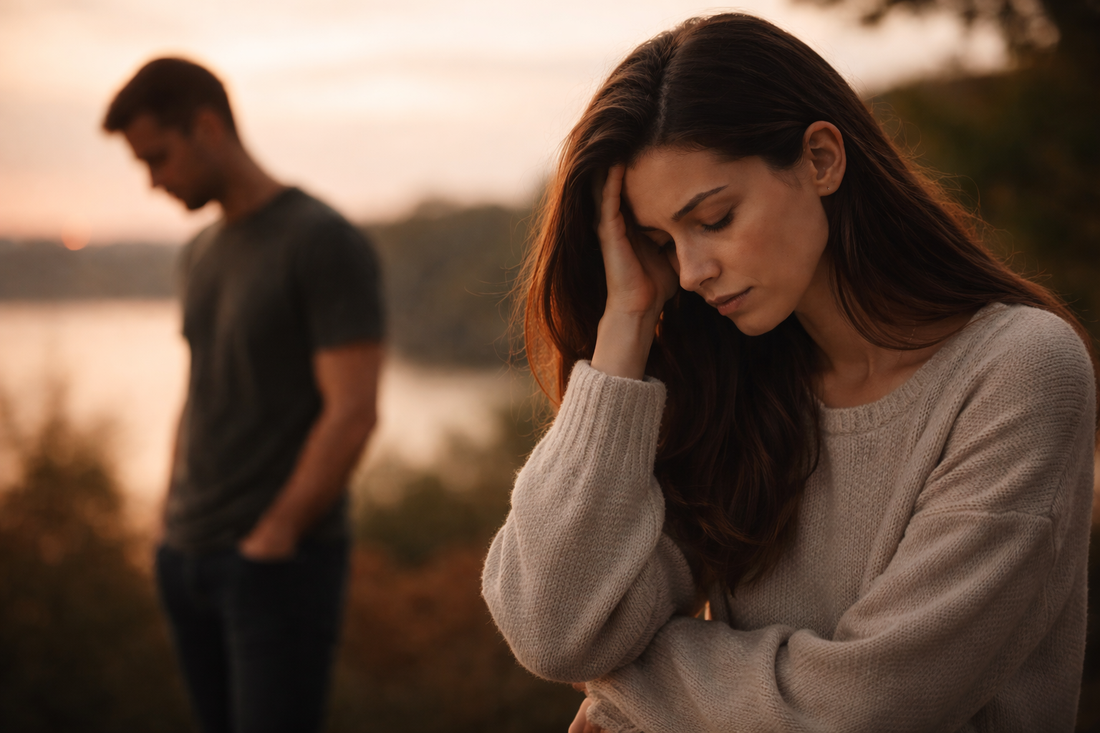 A woman reflecting quietly after leaving a relationship, with a former partner in the background at sunset