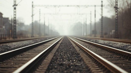 Parallel train tracks converging toward the horizon symbolizing fast emotional progression