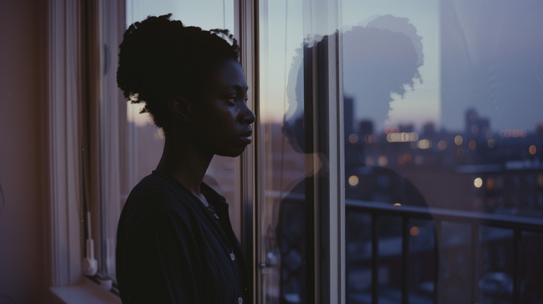 Person standing by a window at dusk, their reflection in the glass as they quietly rehearse words they may never say.