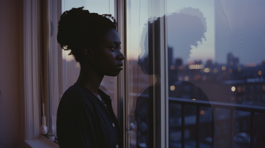 Person standing by a window at dusk, their reflection in the glass as they quietly rehearse words they may never say.