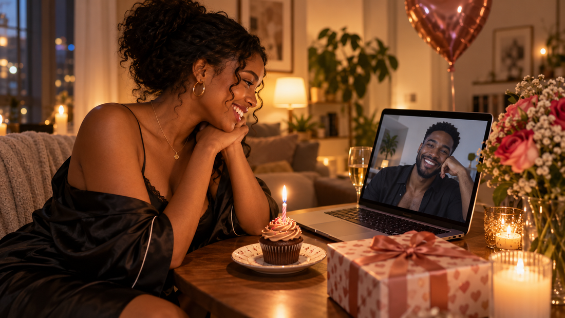 African American woman celebrating her birthday on a video call with her long-distance partner, with a candlelit cupcake and gift on the table.