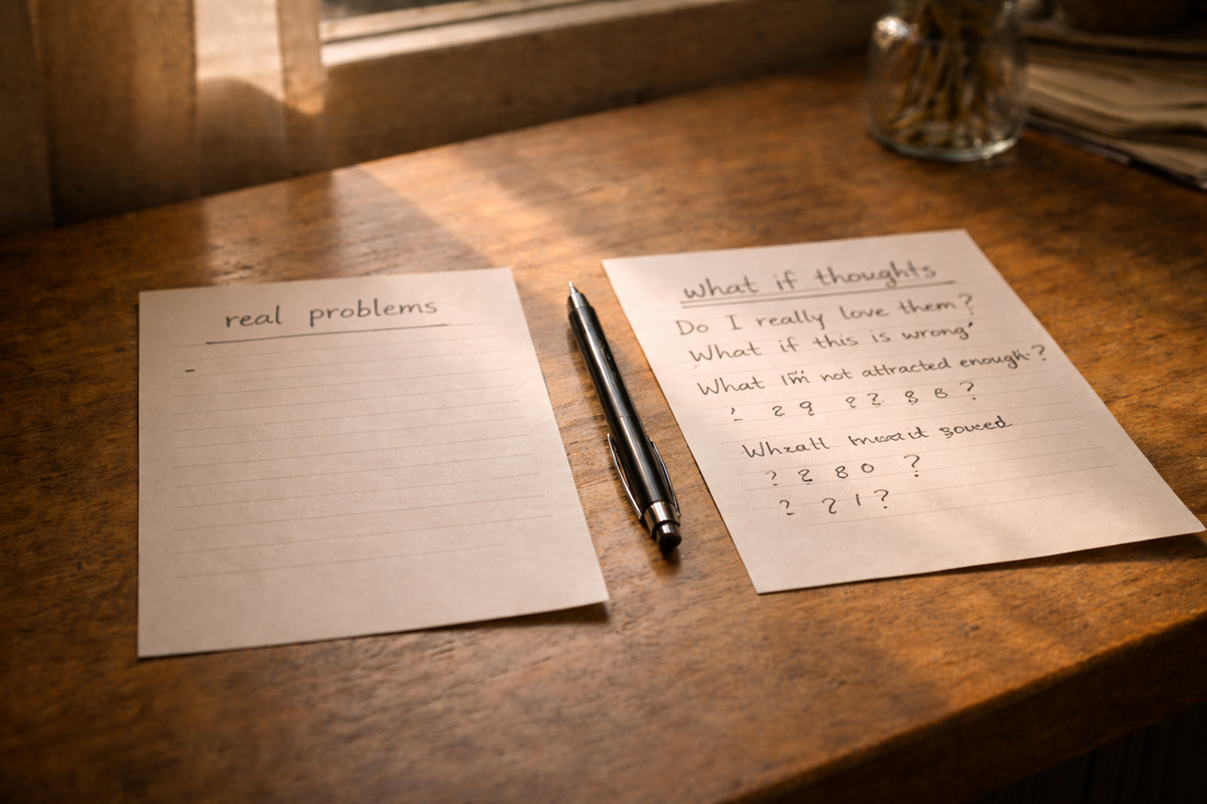 Two sheets of paper on a wooden table by a window, one labeled “real problems” and the other filled with handwritten “what if” questions, symbolizing anxiety-driven relationship doubts versus real issues.