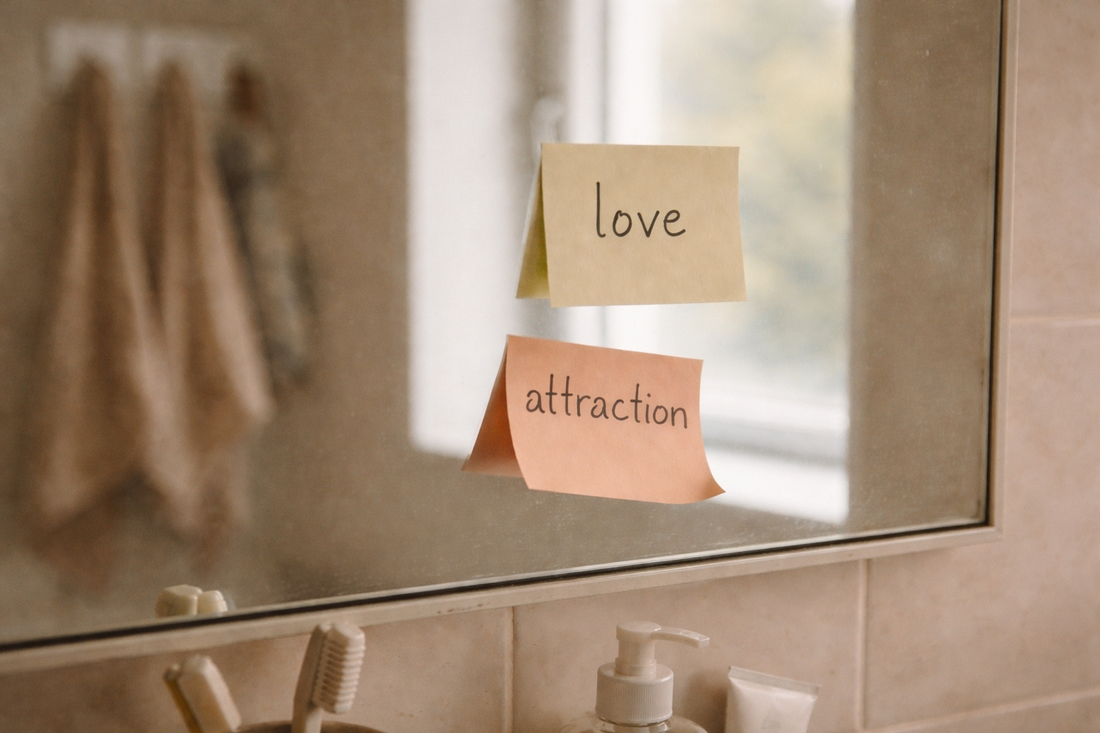 Two sticky notes on a mirror labeled “love” and “attraction,” with one peeling off, symbolizing doubts about attraction in a relationship.