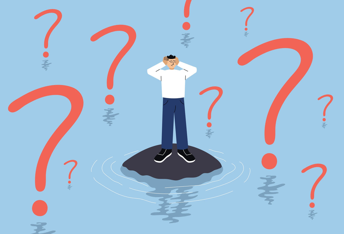 Illustration of a person overwhelmed by questions and uncertainty, representing intrusive thoughts and relationship doubt in Relationship OCD.