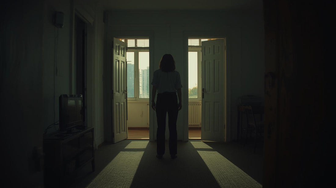 Person standing in a hallway between two open doors, symbolizing breakup urges and uncertainty in relationships affected by relationship OCD.