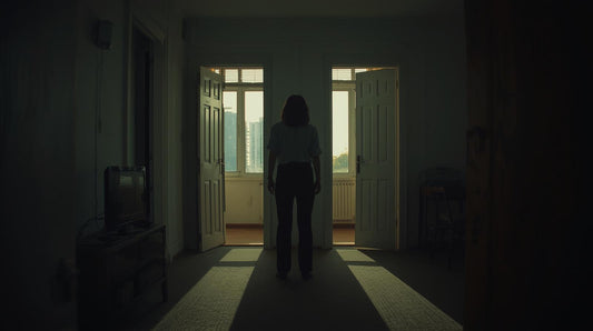 Person standing in a hallway between two open doors, symbolizing breakup urges and uncertainty in relationships affected by relationship OCD.