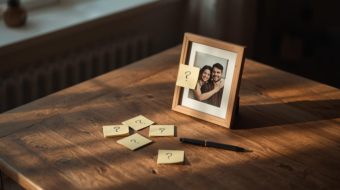 Framed photo of a happy couple surrounded by sticky notes with question marks, symbolizing intrusive doubts in a healthy relationship.