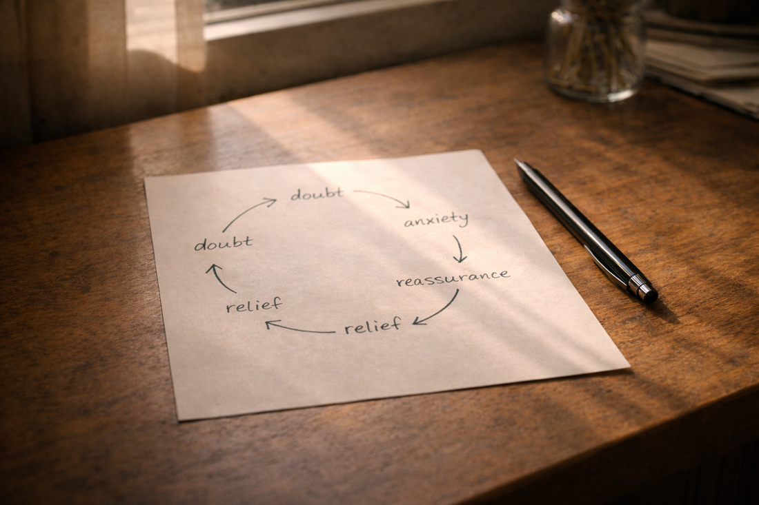 Paper showing a circular diagram labeled doubt, anxiety, reassurance, and relief, symbolizing the repeating reassurance cycle in relationship OCD.