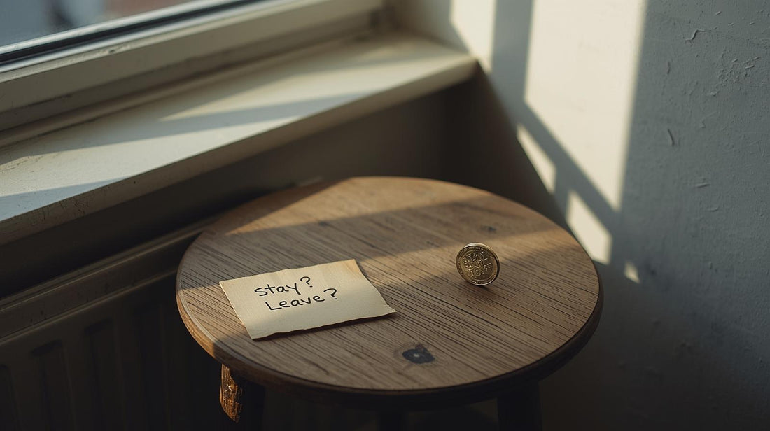 Coin balanced on its edge beside a note reading “stay?” and “leave?”, symbolizing persistent relationship doubt and uncertainty.