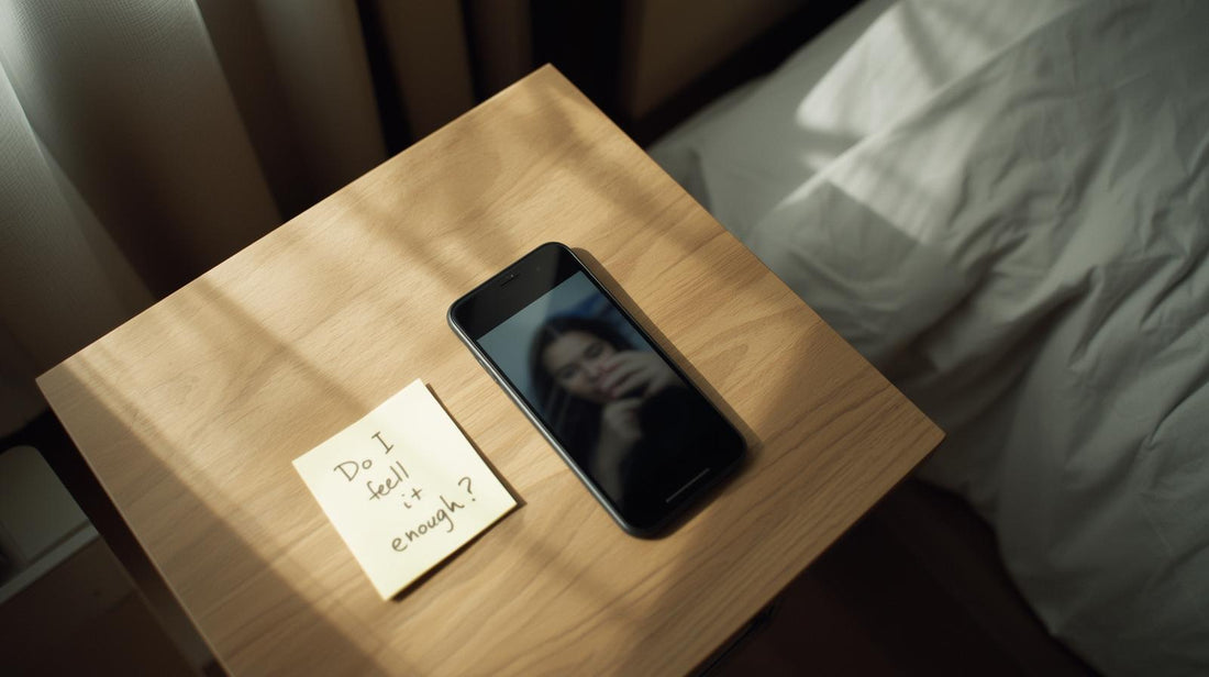 Smartphone in selfie mode beside a note reading “Do I feel it enough?”, symbolizing constant emotional checking in a relationship.