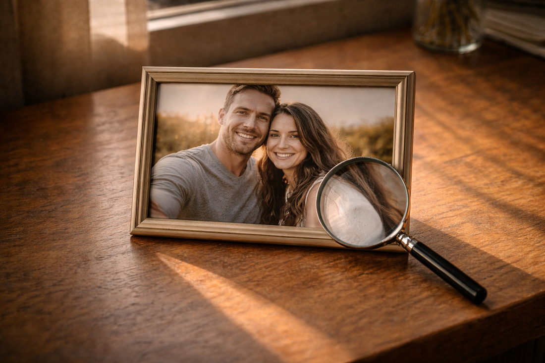 Magnifying glass enlarging a tiny imperfection on a couple’s photo, symbolizing obsessively focusing on small flaws in a relationship.