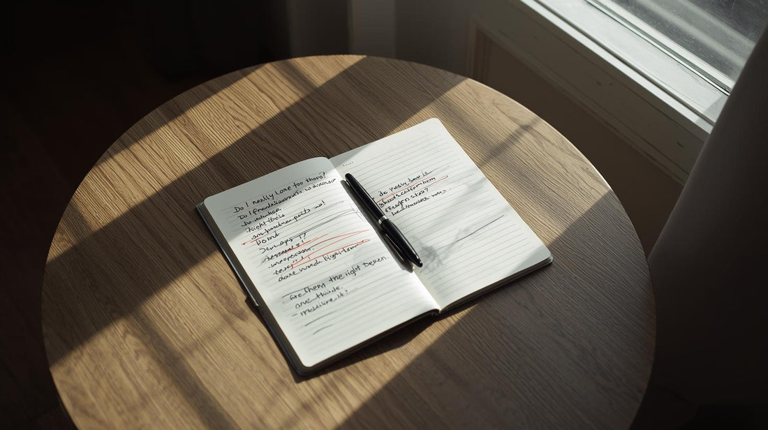 Open notebook filled with repeated handwritten relationship questions on a sunlit table, symbolizing intrusive doubts in relationship OCD.