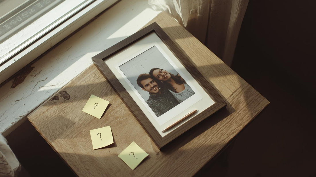 Framed photo of a happy couple surrounded by sticky notes with question marks, symbolizing intrusive doubts targeting a valued relationship.