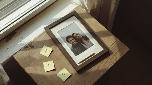 Framed photo of a happy couple surrounded by sticky notes with question marks, symbolizing intrusive doubts targeting a valued relationship.