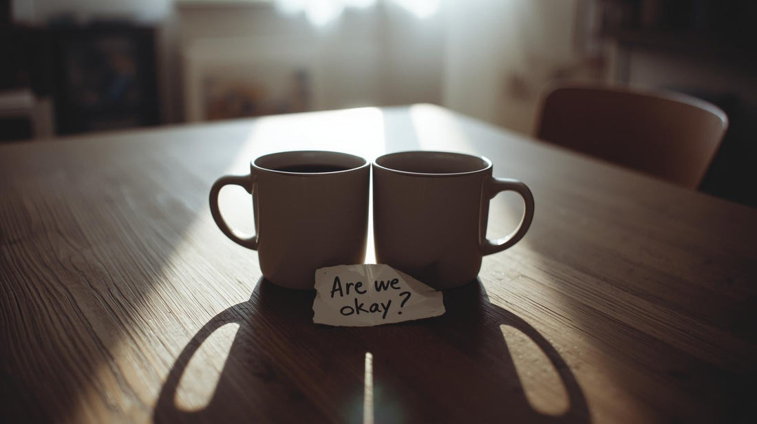 Two coffee mugs on a table beside a crumpled note reading “Are we okay?”, symbolizing reassurance seeking in relationships affected by OCD.