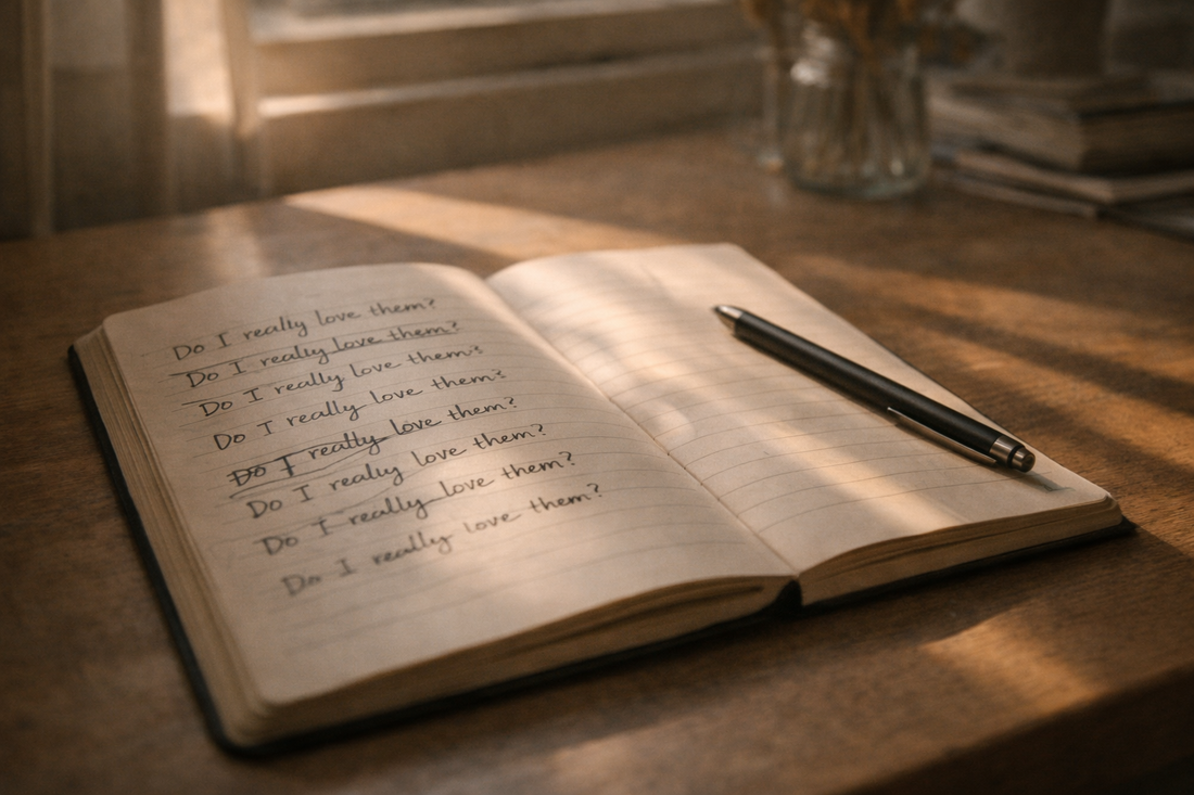 Notebook page filled with the repeated question “Do I really love them?”, symbolizing obsessive relationship doubts and overthinking.