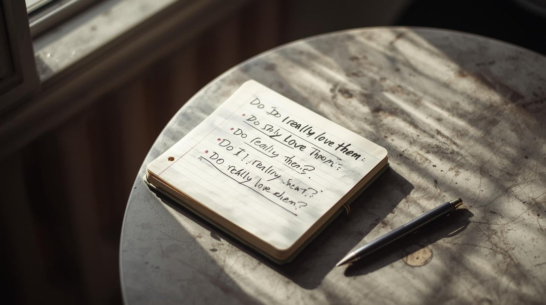 Open notebook with the question “Do I really love them?” written repeatedly, symbolizing obsessive relationship doubts associated with relationship OCD.