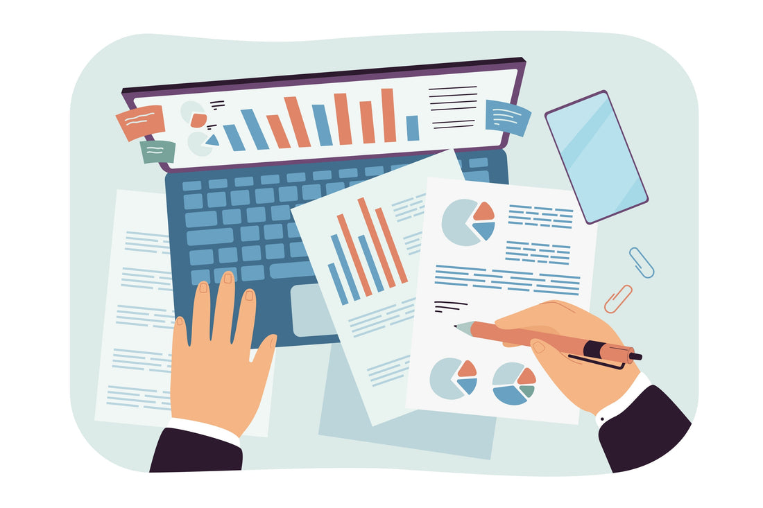 Flat vector illustration of a person's hands analyzing business charts and data reports on a laptop and printed sheets, with a smartphone nearby.