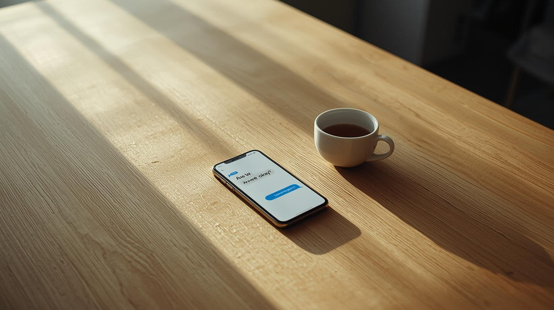 Smartphone on a table showing a message that reads “Are we okay?”, symbolizing reassurance seeking in relationships.