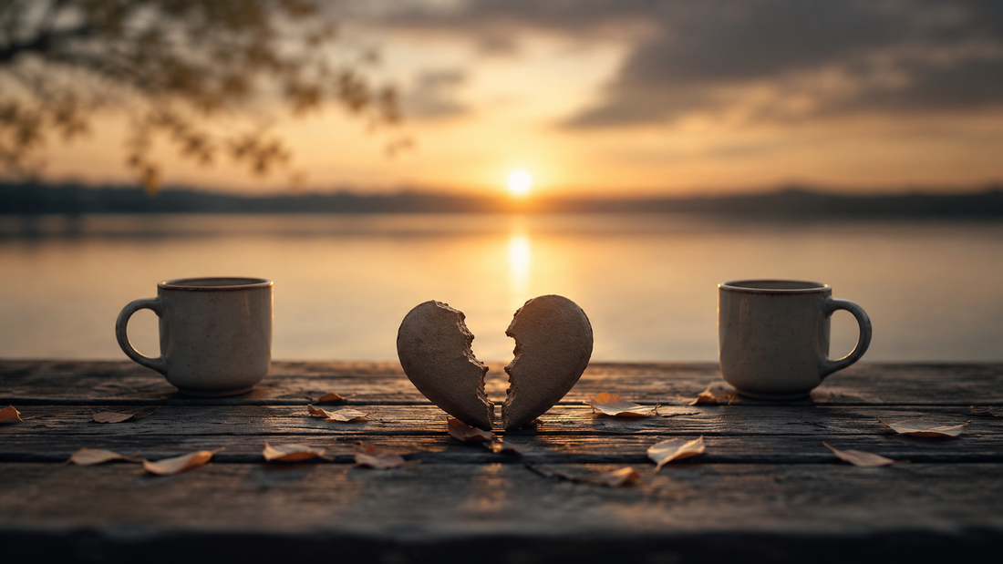 Broken ceramic heart resting between two coffee mugs on a weathered wooden table at sunset, symbolizing the emotional connection that can remain after a relationship ends.