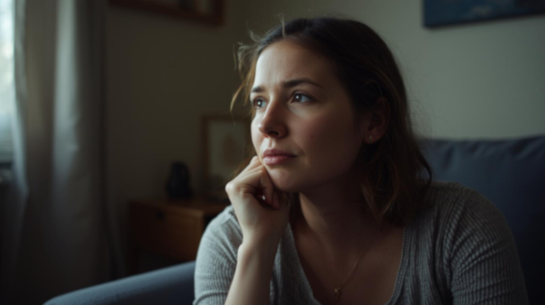Thoughtful woman looking down while lost in painful thoughts, representing imagined scenes of an ex doing more for a new partner