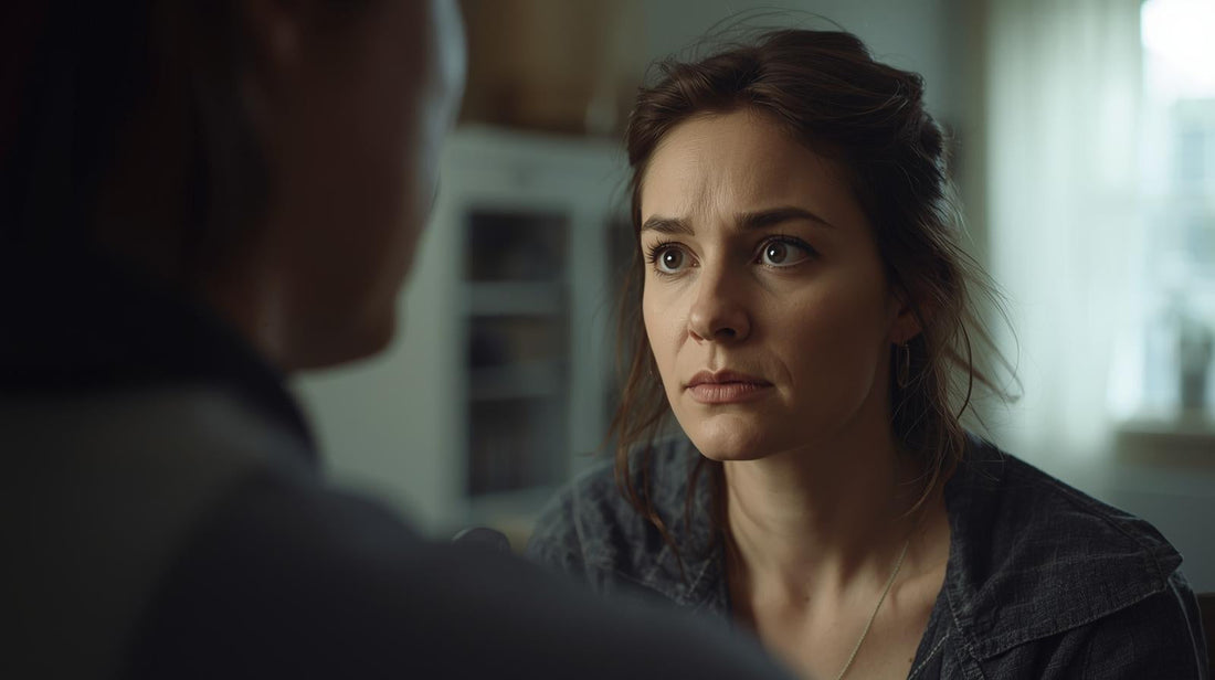 Woman watching her partner carefully, carrying quiet responsibility for his emotional state.