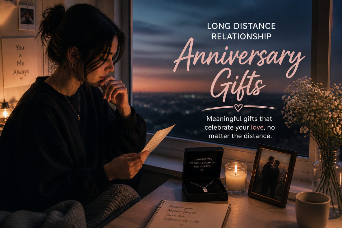 Young woman sitting by a window at sunset reading a handwritten letter, with a candle, framed couple photo, and necklace on a table, representing emotional connection in a long distance relationship anniversary setting