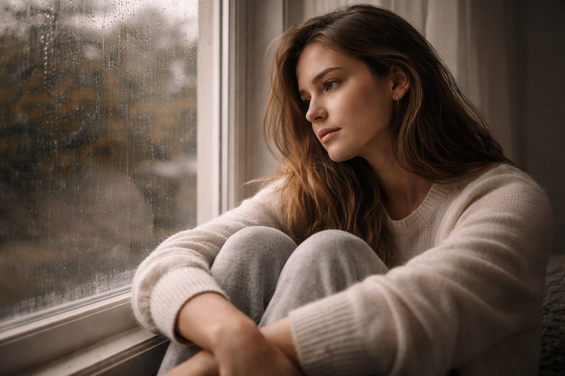 sad woman looking through window on a rainy day
