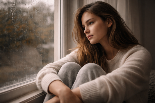 sad woman looking through window on a rainy day
