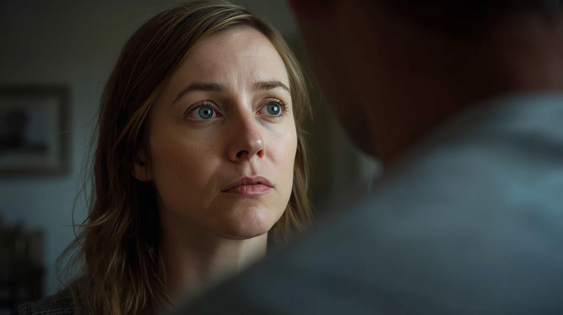 Woman aware of the problem but still drawn toward her partner.