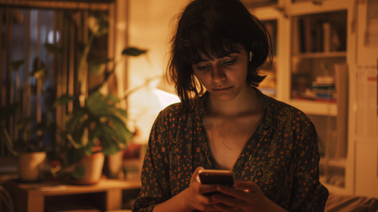 Woman sitting alone at night in a softly lit apartment, looking down at her phone with a quiet, pained expression after a breakup