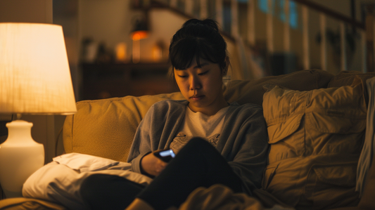 person pausing while looking at a phone after seeing someone they loved happy without them