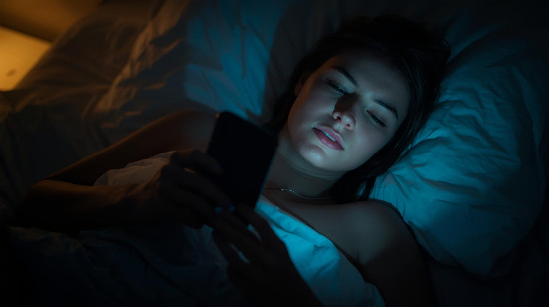 Woman lying awake at night looking at her phone after seeing her ex happy without her