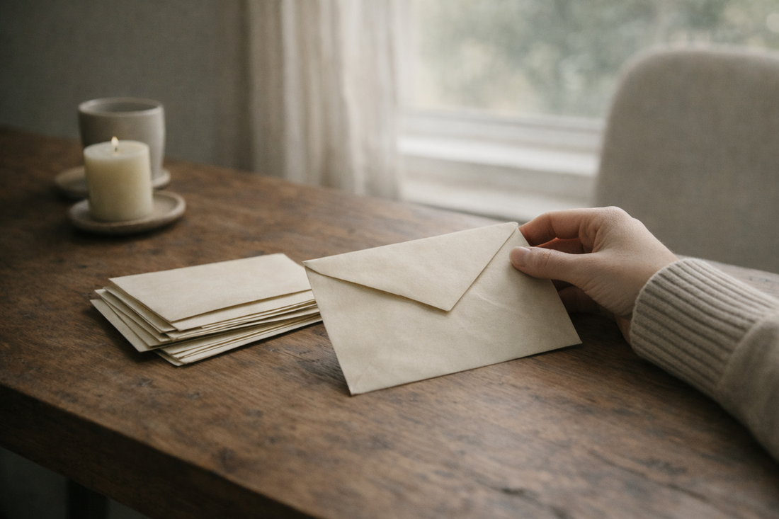 Unsent letters resting on a wooden table after a breakup